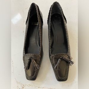 Stuart Weitzman Brown Leather Tassel Block Kitten Heels-Size 8